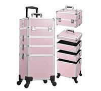 Costravio 5 in 1 Rolling Makeup Case on Wheels Large Cosmetology Case Organizer Beauty Cosmetic Train Case Travel Nail Cart for Make-up Studio Hair Salon, Pink Rhinestone