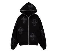 CosTribe Women's Y2K Zip Up Hoodies Novelty Aesthetic Retro Rhinestone Graphic Pullover Casual Sweatshirt, Cross-b01, XL