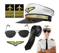 Costume Accessories, Airline Pilot Captain Uniform Set, Dress Up Role Play Hat Tie Epaulette, Fun Wearable Outfit Piece for Career Day Carnival Parties Adults and Kids