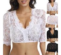 Costume Blouse Women's White Dirndl Blouse Women's Short Sleeve Elegant Dirndl Blouse Lace with V Neck Costume Blouses Dirndl Blouses Costume Blouses Transparent Lace Blouse Bavarian Mesh Top for