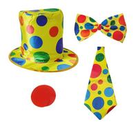 Costume Clown Costume 4 Piece Set Includes Bow Tie Necktie Hat Red Nose Clown Accessories Child Female Male Cosplay Circus Props(Multicolour,One Size)