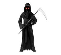 Costume, Cosplay, Deluxe Sense Cosplay | Scary Ghost Outfit, Hooded Cape, Scythe and Men's Coat with Bright Red Eyes, Party for Adults