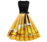 Costume Dress Without Apron Women's Dirndl Dress Long, Round Neck Cocktail Dress Sleeveless with Bow Floral Print Evening Dress High Waist Party Dress Bavarian Costume Skirt Midi Dress for Oktoberfest