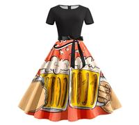 Costume Dress Without Apron Women's Dirndl Dress Long Swing Cocktail Dress Round Neck with Bow High Waist Midi Dress Festive Evening Dress Short Sleeve Costume Skirt Bavarian Party Dress for