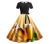 Costume Dress Without Apron Women's Dirndl Dress Long Swing Cocktail Dress Round Neck with Bow High Waist Midi Dress Festive Evening Dress Short Sleeve Costume Skirt Bavarian Party Dress for