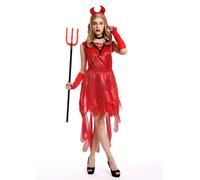 Costume For Women Halloween Carnival Devil Demon Witch Horns Dress Red S