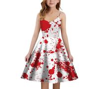Costume Halloween Children Girls Halloween Medieval Dress with Blood Stained Print A-line Strapless Party Costume for Children Elegant Gothic Evening Dress Bag Carabiner Hook, White, 9-10 Years