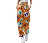 Costume Trousers for Womens Pumpkin Ghost Print High Elasticated Waistband Flared Leggings Bootcut Gym Athletic Joggers Flannel Pyjama Bottoms Christmas Halloween Orange