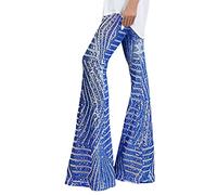 Costumes Adult Ladies 60's/70's Disco Sequin Flare Pants Women's Sequins Flare Pants Glitter Stretch Trousers Sparkly Glitter High Waisted Bell Bottom Trousers Disco Party Clubwear for Women Blue