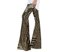 Costumes Adult Ladies 60's/70's Disco Sequin Flare Pants Women's Sequins Flare Pants Glitter Stretch Trousers Sparkly Glitter High Waisted Bell Bottom Trousers Disco Party Clubwear for Women Gold
