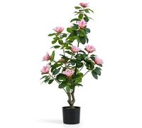 COSTWAY 100CM/3.3FT Artificial Magnolia Tree, Fake Blooming Flower Tree in Cement Pot with Realistic Leaves & Trunk, Indoor Faux Floral Potted Plant for Home Office Decor (1)