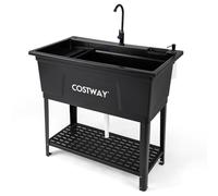 COSTWAY 100L Kitchen Sink, Free Standing Catering Sink with Rotating Faucet, Storage Shelf, Drip Tray, Adjustable Legs, Drainage, Single Bowl Utility Sink for Laundry Garage Restaurant Outdoor, Black