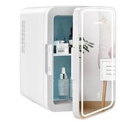 COSTWAY 10L Beauty Mini Fridge, Small Skincare Fridge with Touch Screen Mirror, 3-level Brightness, Removable Shelves, AC/DC Portable Mini Cooler and Warmer for Makeup, Cosmetics & Food, Bedroom,White