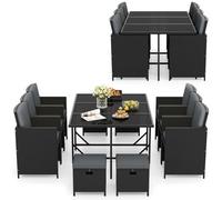Costway 11 Piece Patio Dining Set Space-Saving Wicker Chairs & Tempered Glass Table Ottomans