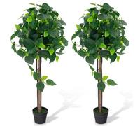 COSTWAY 114CM/3.7FT Artificial Tree, Fake Potted Silk Tree with Plastic Pot, Real Wood Trunk and Realistic Hydrangea Leaves, Faux Indoor Floor Plants for Home Office Decoration (2)