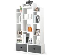 Costway 12-Tier Wooden Bookshelf with Folding Drawer for Study Living Room-White