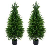 Costway 120 Cm Artificial Cedar Cypress Trees Set Of 2 Faux Topiary Bushes Plants In Cement-Weighted Pots