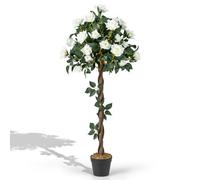 Costway 120 Cm Artificial Flower Tree Faux Floral Plant W/ White Roses Greenery Potted