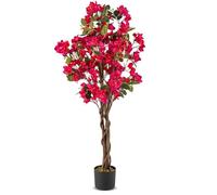 COSTWAY 120CM/4FT Artificial Bougainvillea Tree, Faux Blooming Flower Tree in Cement Pot with 360 Flowers, 40 Leaves & Real Wood Trunk, Indoor Fake Potted Floral Plant for Home Office Decor (1, Rosy)