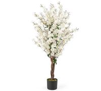 COSTWAY 120CM/4FT Artificial Winter Sweet Tree, Fake Blooming Flower Tree in Cement Pot with White Fabric Flowers, Solid Wood Trunk & Realistic Moss, Indoor Faux Potted Plant for Home Office Decor (1)