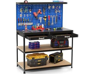COSTWAY 121x61x156cm Workbench with Pegboard, Metal Garage Work Bench with 2 Drawers & 24 Hanging Accessories, 435kg Capacity Heavy Duty Tool Storage Workstation for Workshop Warehouse (Navy + Black)