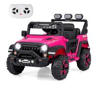 COSTWAY 12V Kids Electric Ride on Truck, Battery-powered Off-road Car with Remote Control, 3 Speed, Spring Suspension, Wireless Connection, USB, Music & Light, Children Vehicle Toys for Age 3+ (Pink)