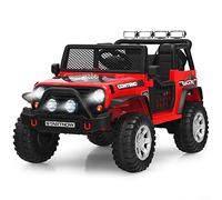 COSTWAY 12V Kids Electric Ride on Truck, Battery Powered Off-road Car with Remote Control, LED Lights, Horn, Music, 4 Spring Suspension Wheels Vehicle Toy for Children (Red)