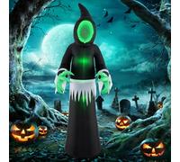 COSTWAY 130CM/155CM/240CM/245CM Halloween Inflatables, Blow up Halloween Ghost Pumpkin Clown Owl Decorations with Built-in LED Lights, for Outdoor Indoor Festival Party(Black + Green Ghost)