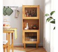 Costway 130Cm Kitchen Bamboo Sideboard 3-Cube Display Cabinet Bookcase W/ 2 Acrylic Doors