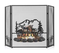 Costway 132 x 79 cm Fireplace Screen 3-Panel Folding Spark Guard w/ Natural Scenery & Moose Pattern in Black COSTWAY Black 132 x 79 cm