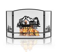 Costway 139 x 75 cm Fireplace Screen 3-Panel Folding Spark Guard w/ Natural Scenery & Moose Pattern in Black COSTWAY Black 139 x 75 cm