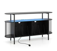 Costway 140Cm Record Player Stand With Led Lights & Power Outlets 3-Tier Vinyl Record Storage Cabinet Black
