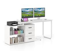 Costway 140cm Reversible L Shaped Desk w/ Power Outlet Study Writing Table in White COSTWAY White