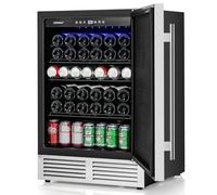 COSTWAY 140L Beer Drinks Fridge, 190 Cans Freestanding Wine Cooler with Reversible Door, 3 Shelves, Adjustable Temperature, LED Lights & Auto Defrost Function, Home Commercial Beverage Refrigerator
