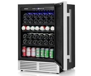 COSTWAY 140L Beer Drinks Fridge, 190 Cans Freestanding Wine Cooler with Reversible Door, 3 Shelves, Adjustable Temperature, LED Lights & Auto Defrost Function, Home Commercial Beverage Refrigerator