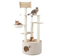 COSTWAY 141cm Cat Tree, Wooden Cats Climbing Tower with Condo, Scratching Posts, Top Curved Perch, Hanging Ball and Rope, Kitten Activity Center for Indoor Cats