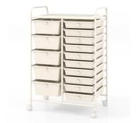 COSTWAY 15 Drawers Storage Trolley, Home Office Stationary Rolling Cart with 4 Wheels, Multipurpose Mobile Organiser Shelving Unit for Makeup Beauty (63 x 37 x 87cm, Cream White)