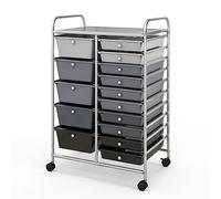 COSTWAY 15 Drawers Storage Trolley, Home Office Stationary Rolling Cart with 4 Wheels, Multipurpose Mobile Organiser Shelving Unit for Makeup Beauty (63 x 37 x 87cm, Gradient Black with Silver Frame)