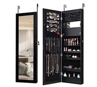 COSTWAY 15 LED Lights Jewellery Cabinet, Door Hanging/Wall Mounted Jewelry Armoire with Full Length Mirror and Large Storage, Bedroom Lockable Makeup Cosmetics Jewellery Organiser Unit Gift (Black)