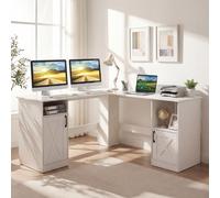 Costway 150 Cm L Shaped Executive Desk With Charging Station Wood Computer Corner Desk With Storage Cabinets