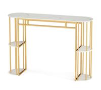Costway 150 Cm Long Bar Table Narrow Pub Table With Faux Marble Tabletop & Storage Shelves Modern Bar White