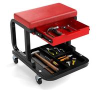 COSTWAY 150kg/185kg Capacity Rolling Mechanic Stool, Soft Padded Creeper Stool Trolley with Tool Tray & 4 Universal Casters, Heavy Duty Garage Workshop Seat Chair (with Drawer, 185kg Load, Red+Black)