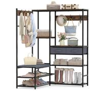Costway 152Cm Corner Coat Rack With Shoe Bench L-Shaped Garment Rack With 6-Tier Shelves & 2 Fabric Drawers 7 Hooks Brown