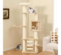 Costway 180 Cm Tall Cat Tree Wooden Cat Tower W/ Cozy Perch & Condo-Natural