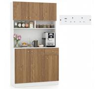 Costway 180Cm Tall Pantry Cabinet With Hutch Kitchen Buffet Cupboard With Outlets-Natural