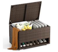 COSTWAY 180L Garden Storage Box, PE Rattan Deck Box Bench with Shoe Rack, Waterproof Liner & Lid, Outdoor Patio Storage Container for Cushion Tool Toy