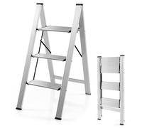 COSTWAY 2/3 Folding Step Ladder, Aluminum Tread Stepladder with Anti Slip Pedal and Footpads, 150kg Capacity Portable Safety Household Ladder Stool (3 Step)
