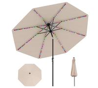 COSTWAY 2.9m/3m Garden Parasol, 8 Ribs Patio Umbrella with Tilt, LED Lights, Crank Handle & Vented Top, UV Protective Outdoor Table Sun Shade for Market Yard Pool (2.9m, Beige-with 96 Lights)