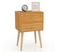 Costway 2-Drawer Sofa Side Bedside Table W/ Solid Wood Legs-Natural