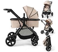 COSTWAY 2 in 1 Baby Pushchair, Foldable Travel System Pram with Reversible Seat, Adjustable Canopy & Handle, Storage Basket, Cup Holder, Lightweight Infant Stroller for 0-36 Months (Beige)